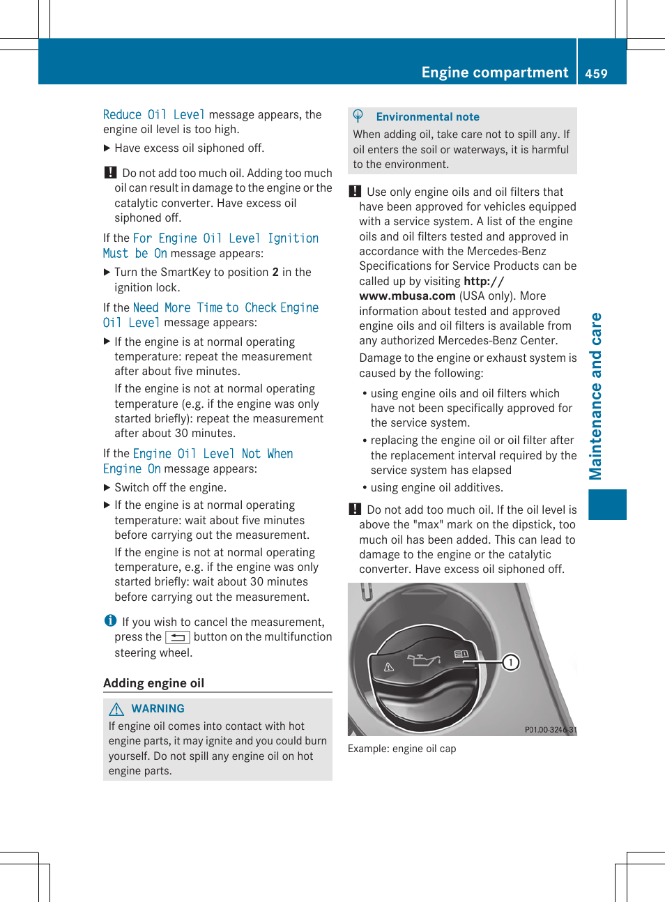 Add engine oil, Maintenance and care, Engine compartment | Mercedes-Benz S-Class 2012 User Manual | Page 461 / 536
