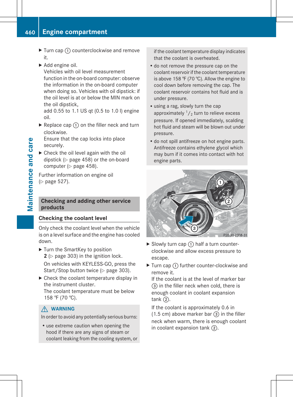 Checking and adding other service products, Maintenance and care, Engine compartment | Mercedes-Benz S-Class 2012 User Manual | Page 462 / 536