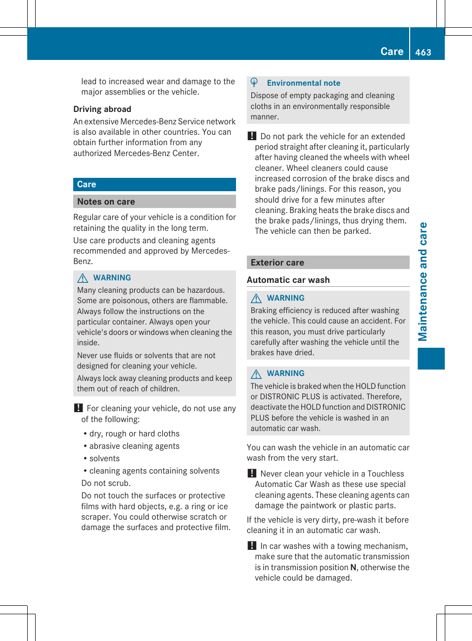 Care, Notes on care, Exterior care | Maintenance and care | Mercedes-Benz S-Class 2012 User Manual | Page 465 / 536
