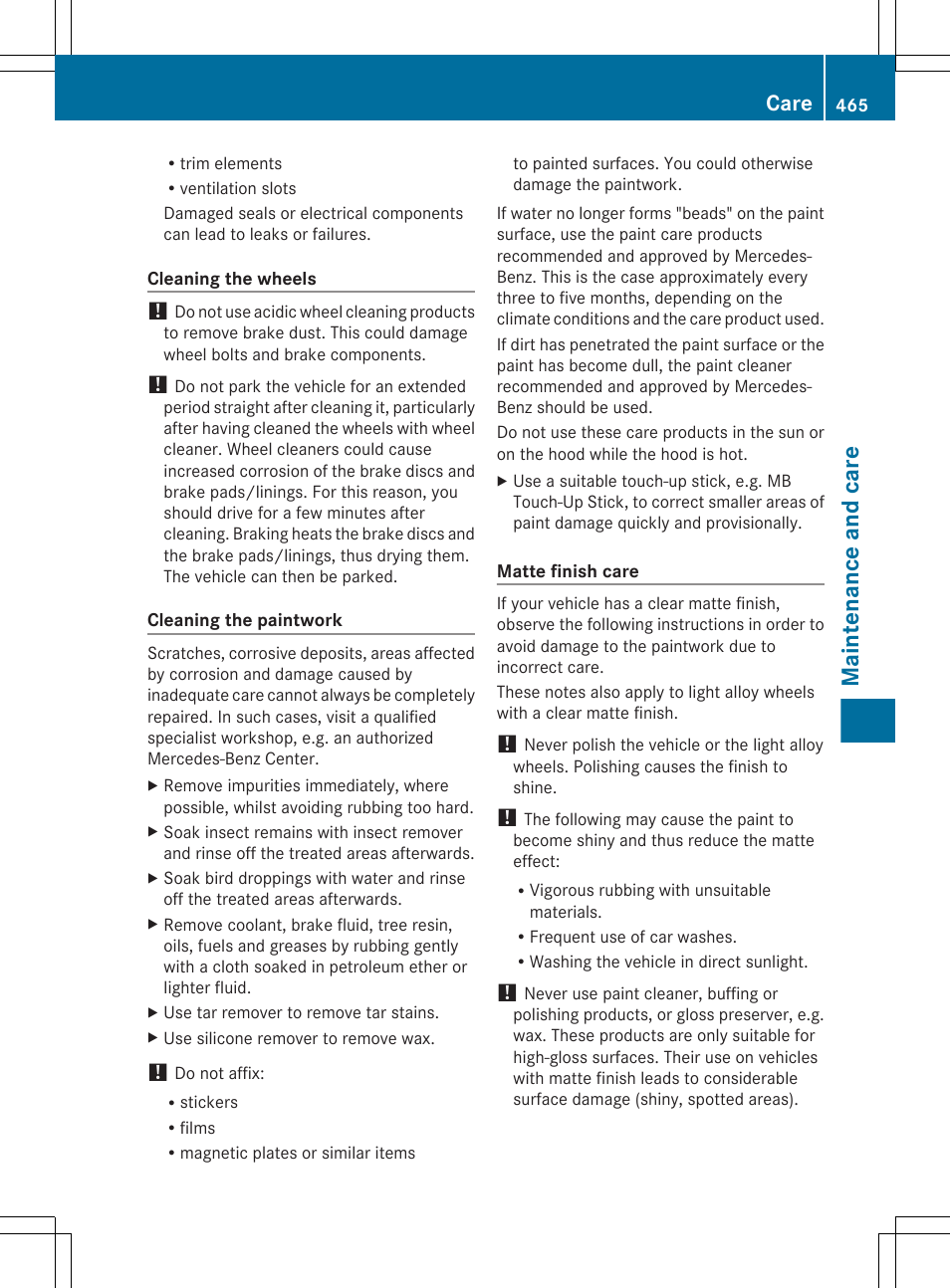 Maintenance and care, Care | Mercedes-Benz S-Class 2012 User Manual | Page 467 / 536