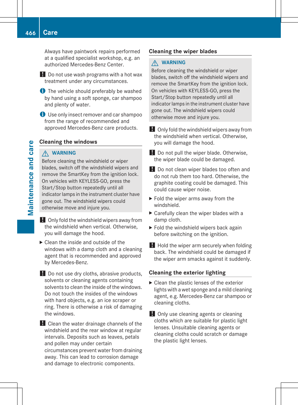 And clean the windshield, Clean the windshield, Maintenance and care | Care | Mercedes-Benz S-Class 2012 User Manual | Page 468 / 536