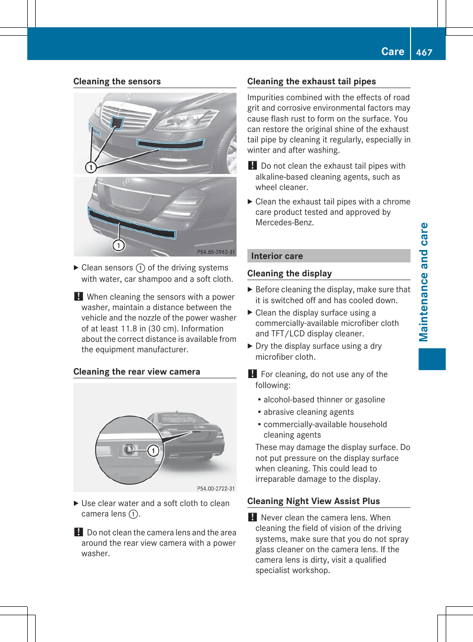 Interior care, Down the camera cover, Fold down the camera cover | Clean the bumpers, Clean the sensors, Maintenance and care, Care | Mercedes-Benz S-Class 2012 User Manual | Page 469 / 536