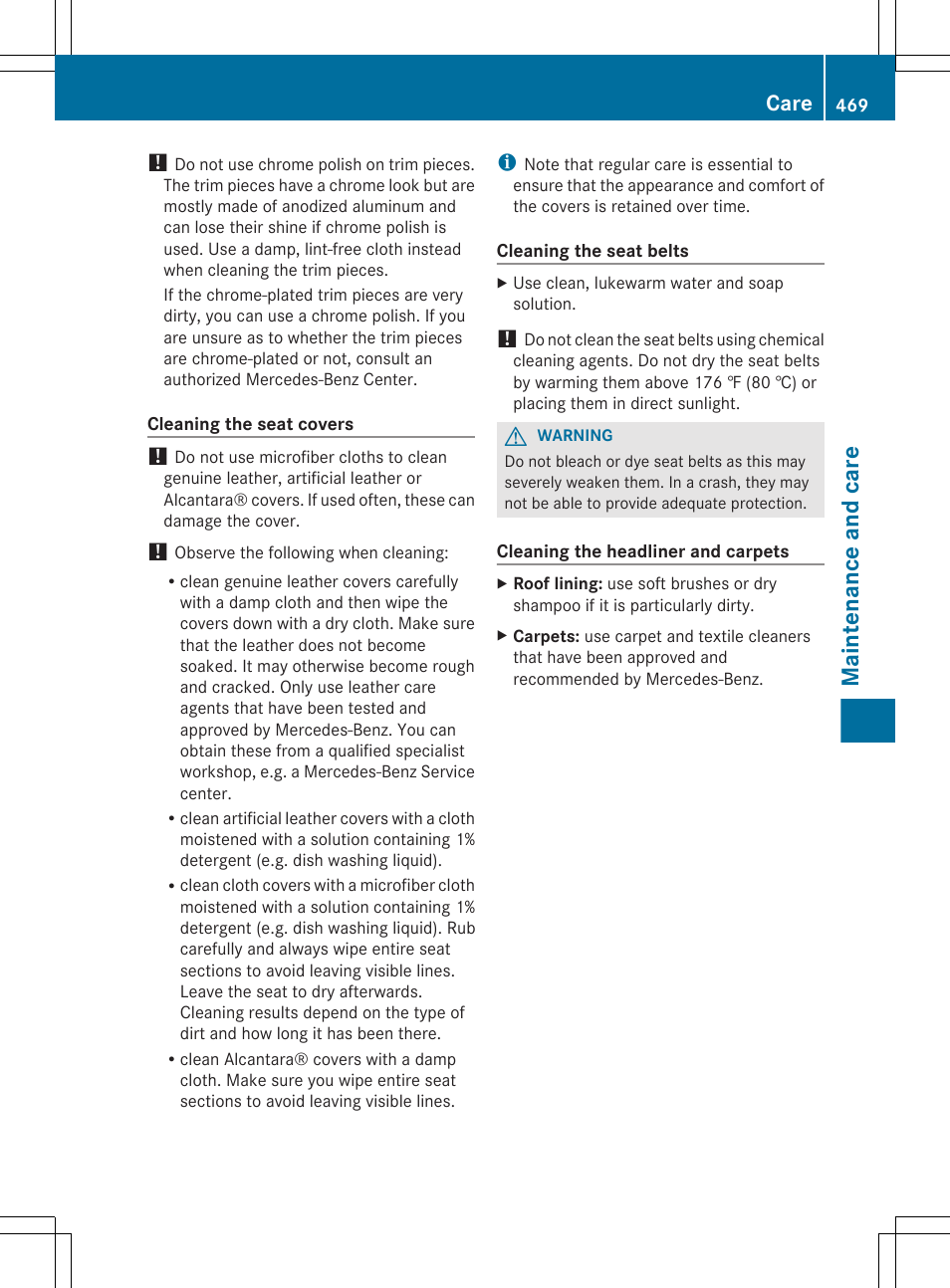 Maintenance and care, Care | Mercedes-Benz S-Class 2012 User Manual | Page 471 / 536