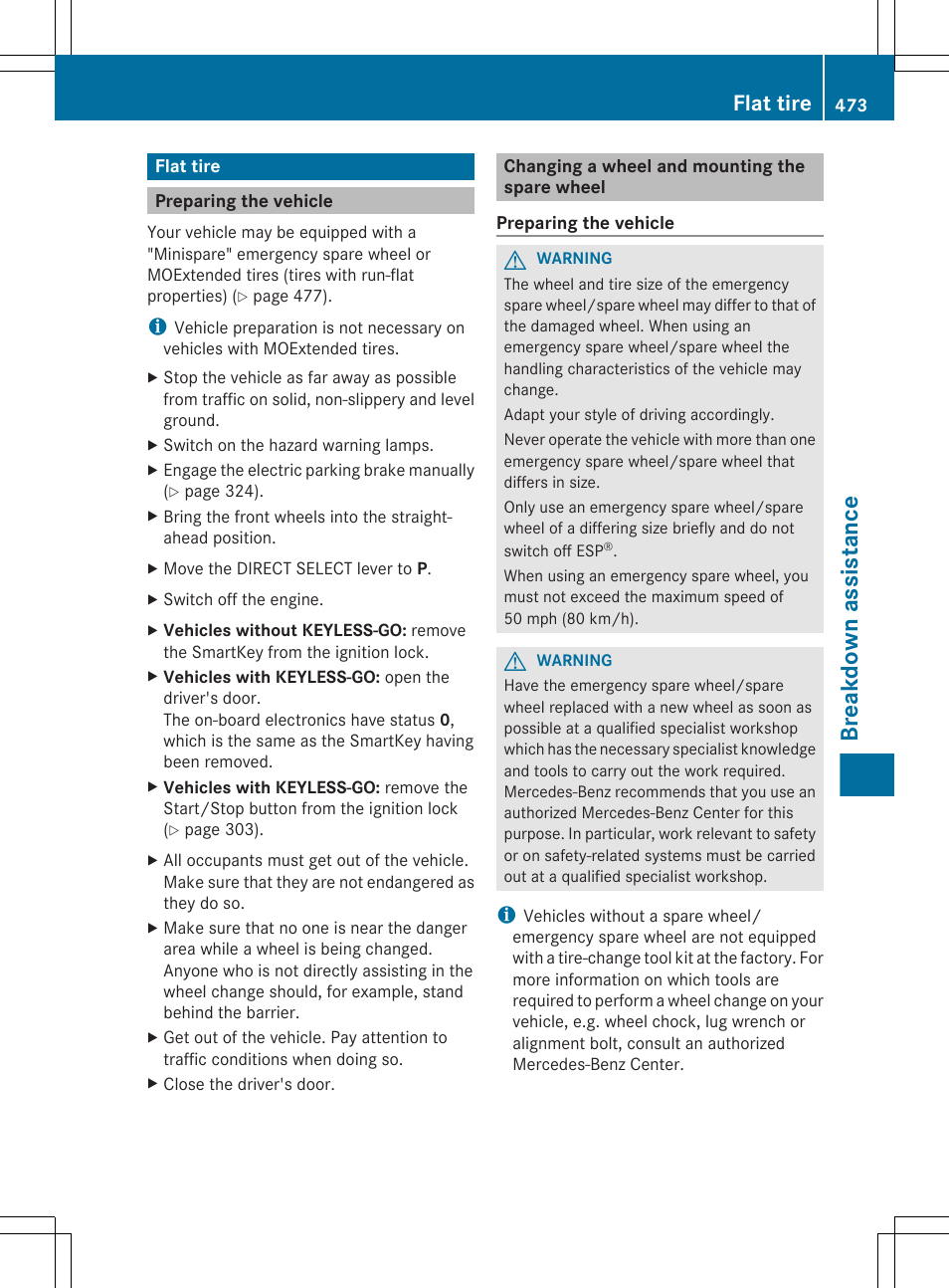 Flat tire, Preparing the vehicle, Changing a wheel and mounting the spare wheel | Breakdown assistance | Mercedes-Benz S-Class 2012 User Manual | Page 475 / 536