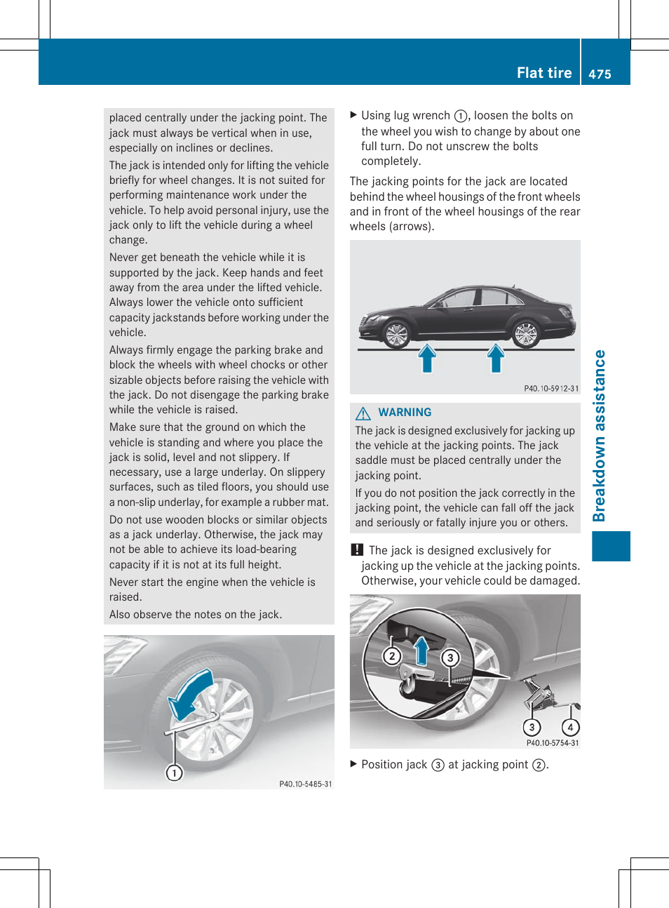 Breakdown assistance, Flat tire | Mercedes-Benz S-Class 2012 User Manual | Page 477 / 536