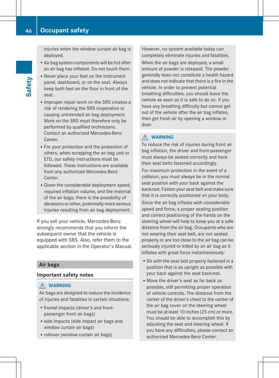 Air bags, Safety, Occupant safety | Mercedes-Benz S-Class 2012 User Manual | Page 48 / 536