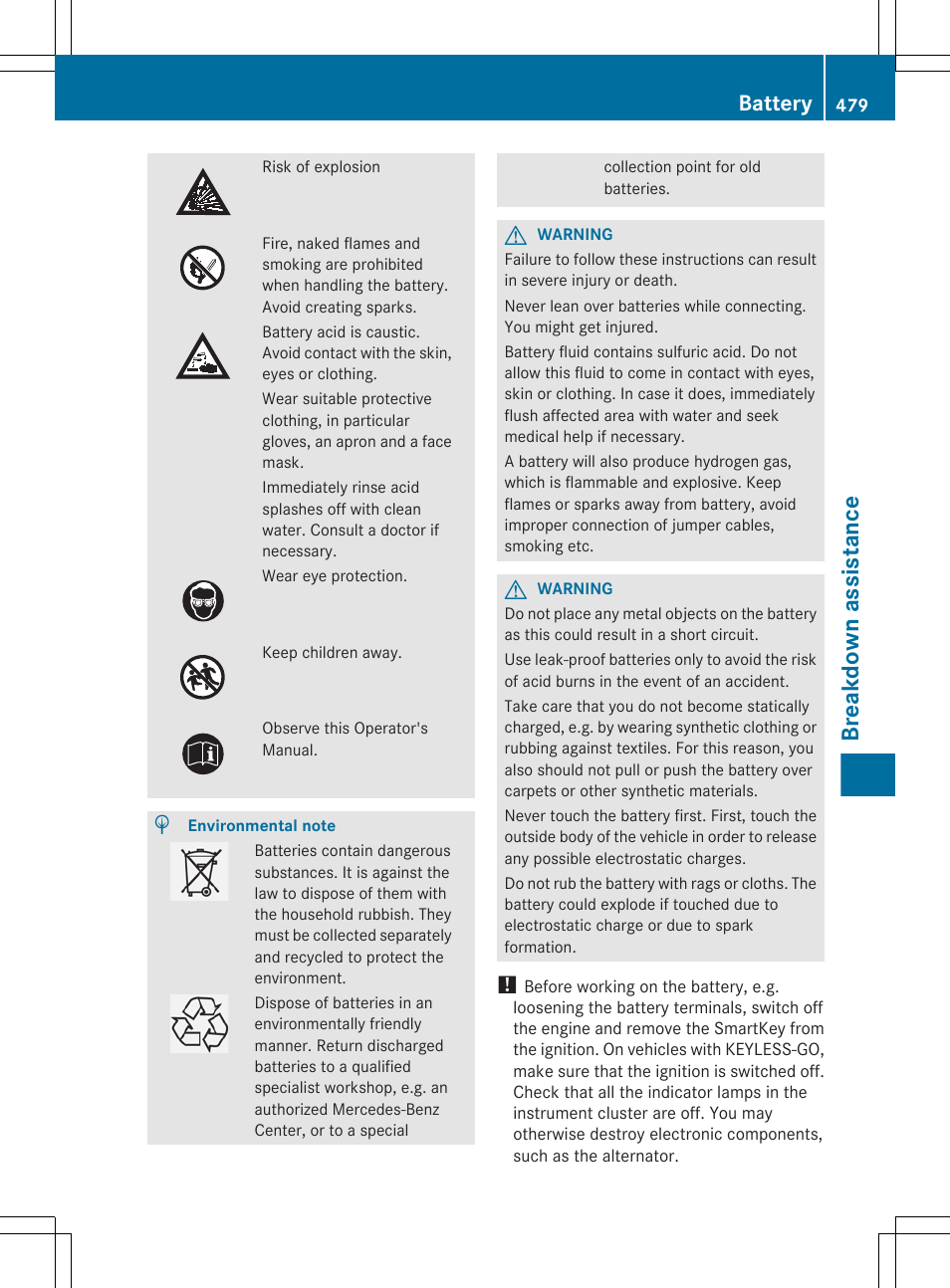 Breakdown assistance, Battery | Mercedes-Benz S-Class 2012 User Manual | Page 481 / 536