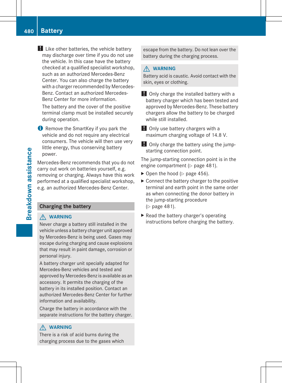 Charging the battery, Breakdown assistance, Battery | Mercedes-Benz S-Class 2012 User Manual | Page 482 / 536