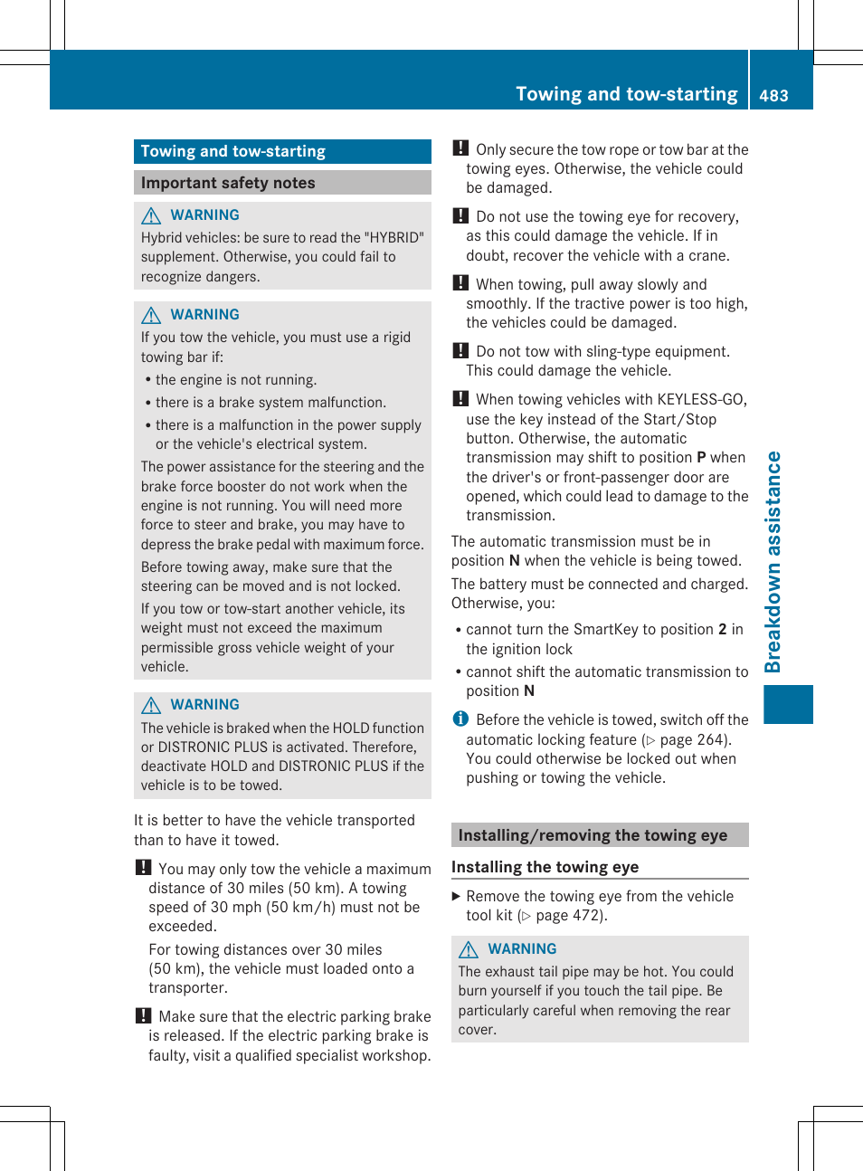 Towing and tow-starting, Important safety notes, Installing/removing the towing eye | Breakdown assistance | Mercedes-Benz S-Class 2012 User Manual | Page 485 / 536