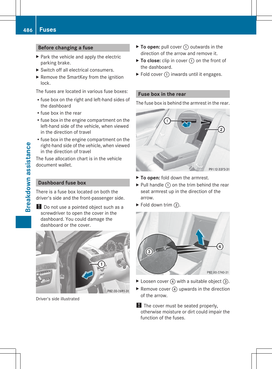Before changing a fuse, Dashboard fuse box, Fuse box in the rear | Breakdown assistance, Fuses | Mercedes-Benz S-Class 2012 User Manual | Page 488 / 536