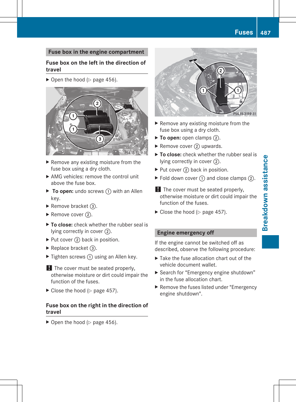 Fuse box in the engine compartment, Engine emergency off, Stop | Breakdown assistance, Fuses | Mercedes-Benz S-Class 2012 User Manual | Page 489 / 536
