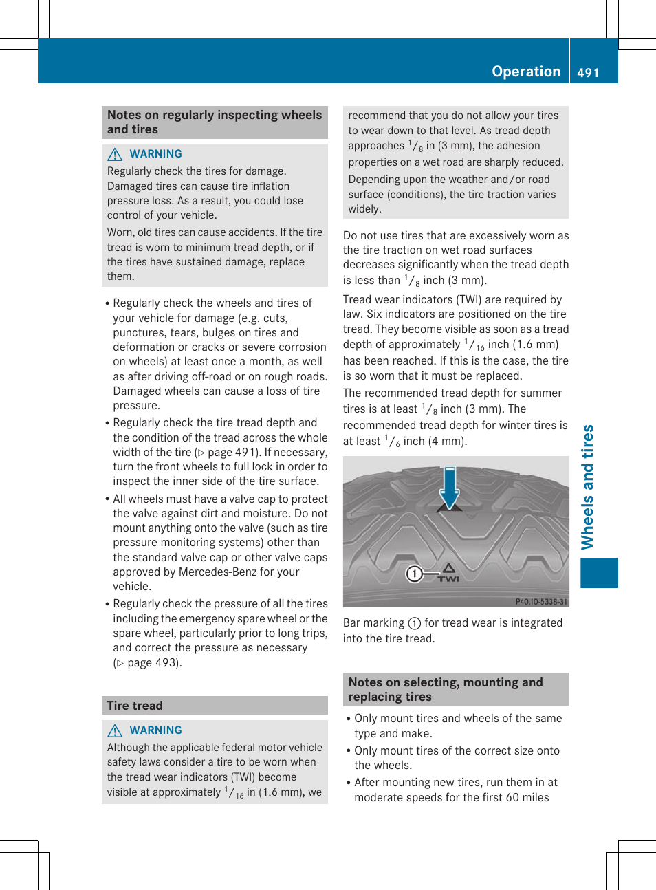 Notes on regularly inspecting wheels and tires, Tire tread, Notes on selecting, mounting and replacing tires | Wheels and tires, Operation | Mercedes-Benz S-Class 2012 User Manual | Page 493 / 536