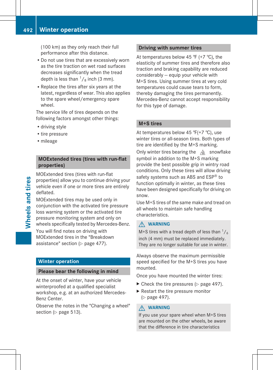 Moextended tires (tires with run-flat properties), Winter operation, Please bear the following in mind | Driving with summer tires, M+s tires, Section, Wheels and tires | Mercedes-Benz S-Class 2012 User Manual | Page 494 / 536