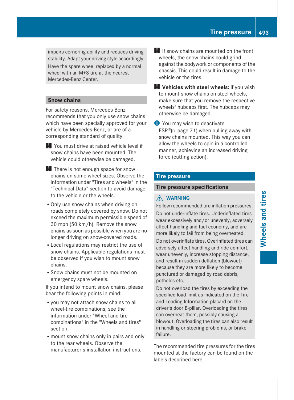 Snow chains, Tire pressure, Tire pressure specifications | Snow chains, see, Wheels and tires | Mercedes-Benz S-Class 2012 User Manual | Page 495 / 536