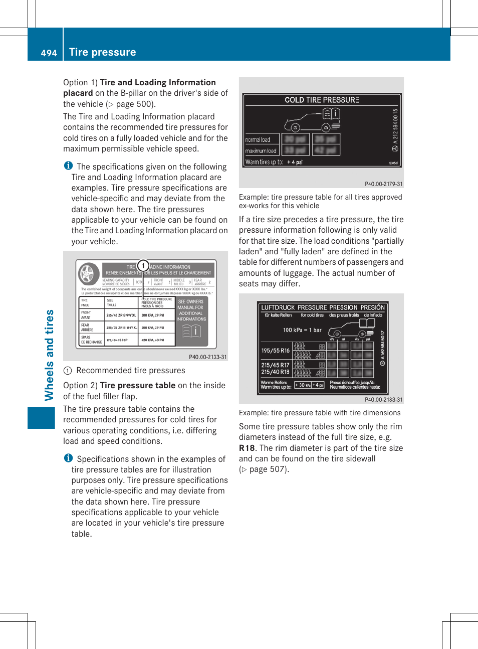 Wheels and tires, Tire pressure | Mercedes-Benz S-Class 2012 User Manual | Page 496 / 536