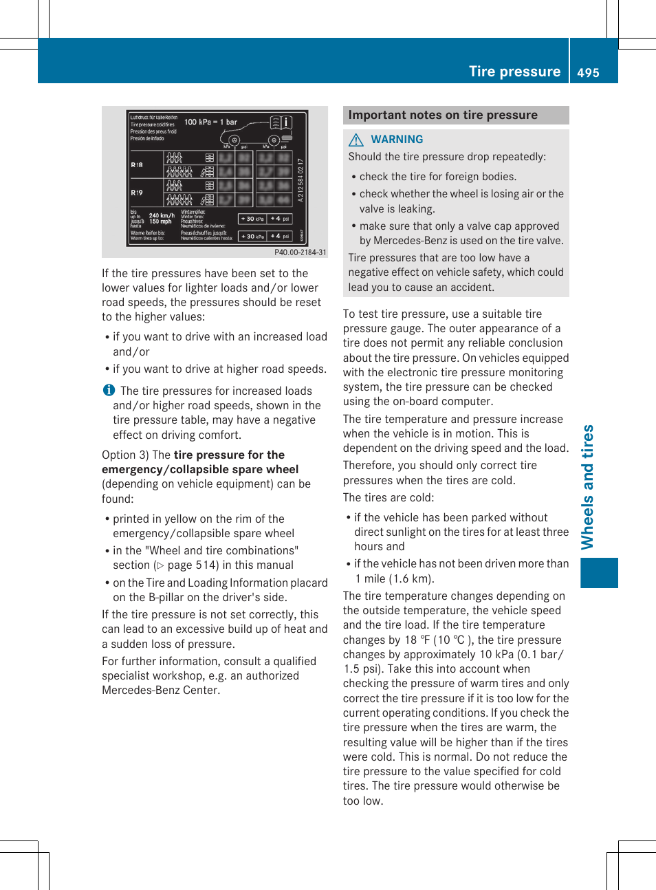 Important notes on tire pressure, Wheels and tires, Tire pressure | Mercedes-Benz S-Class 2012 User Manual | Page 497 / 536