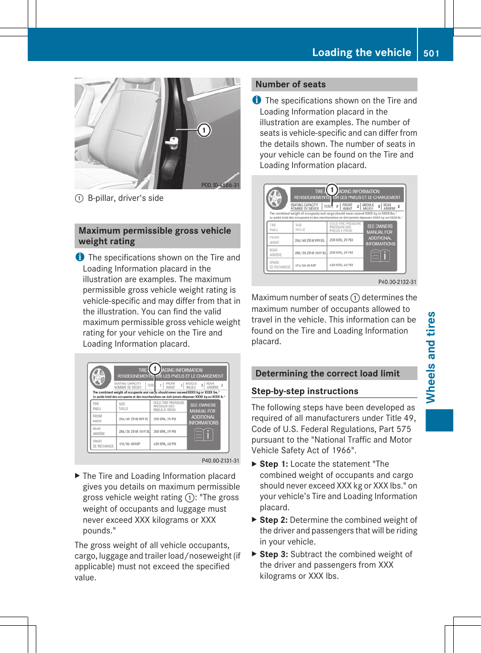Maximum permissible gross vehicle weight rating, Number of seats, Determining the correct load limit | Wheels and tires, Loading the vehicle | Mercedes-Benz S-Class 2012 User Manual | Page 503 / 536
