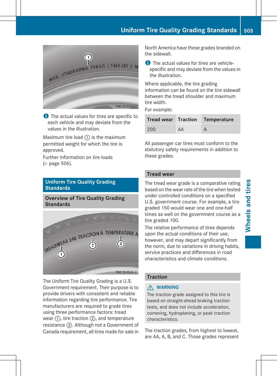 Uniform tire quality grading standards, Overview of tire quality grading standards, Tread wear | Traction, Wheels and tires | Mercedes-Benz S-Class 2012 User Manual | Page 507 / 536
