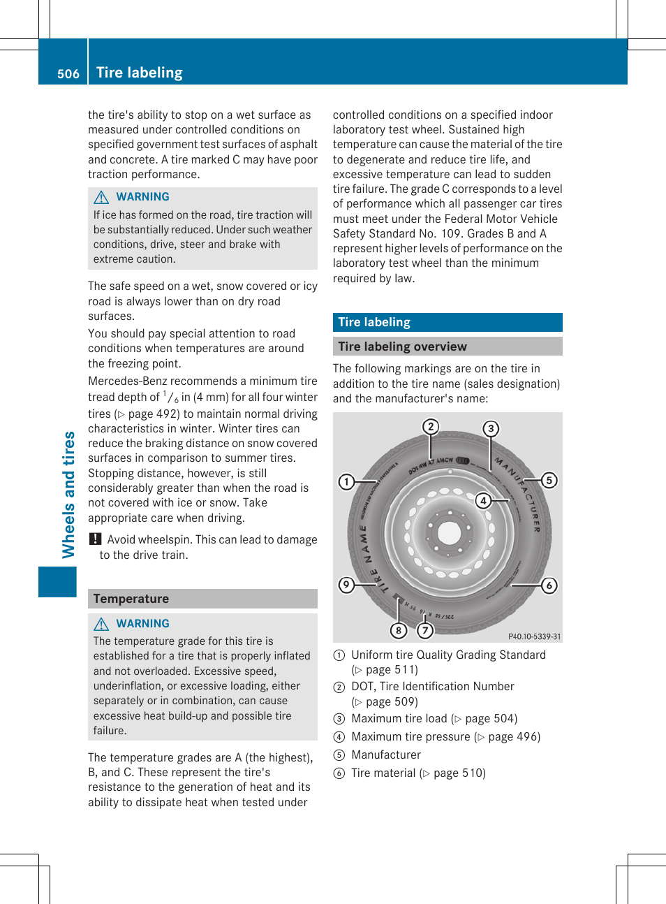 Temperature, Tire labeling, Tire labeling overview | Wheels and tires | Mercedes-Benz S-Class 2012 User Manual | Page 508 / 536