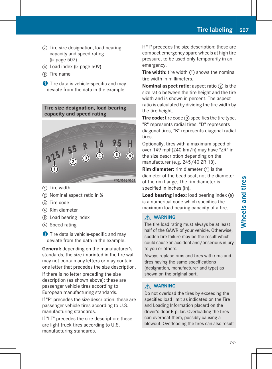 Wheels and tires, Tire labeling | Mercedes-Benz S-Class 2012 User Manual | Page 509 / 536