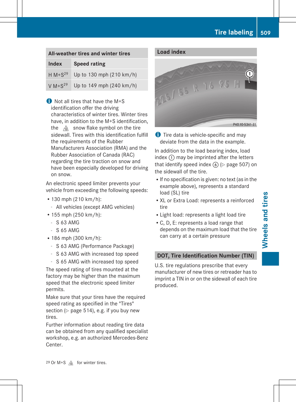 Load index, Dot, tire identification number (tin), Index, see load index | Wheels and tires, Tire labeling | Mercedes-Benz S-Class 2012 User Manual | Page 511 / 536