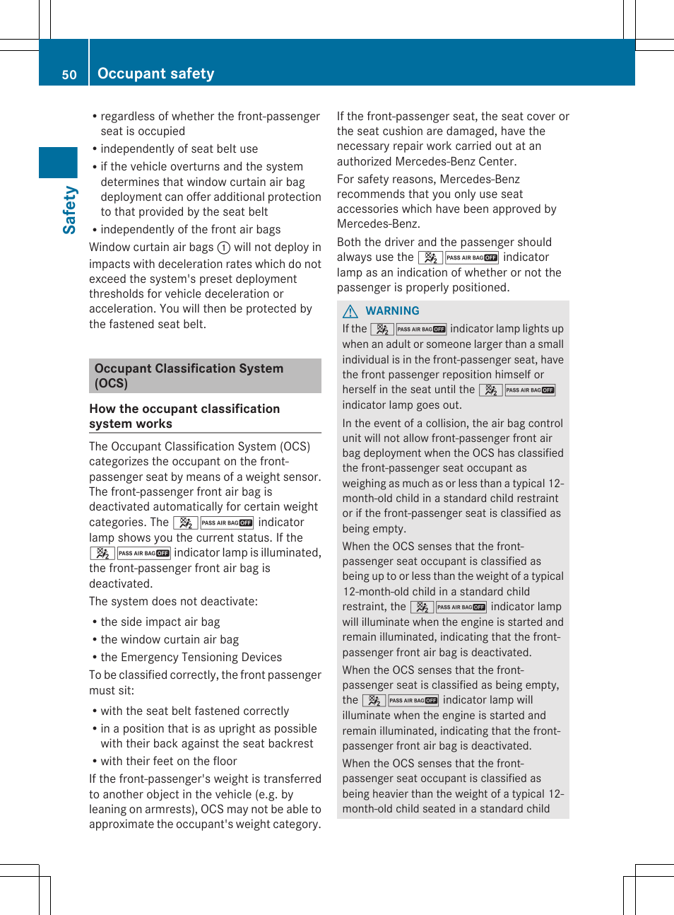 Occupant classification system (ocs), System (ocs), Center console is not lit | Safety, Occupant safety | Mercedes-Benz S-Class 2012 User Manual | Page 52 / 536
