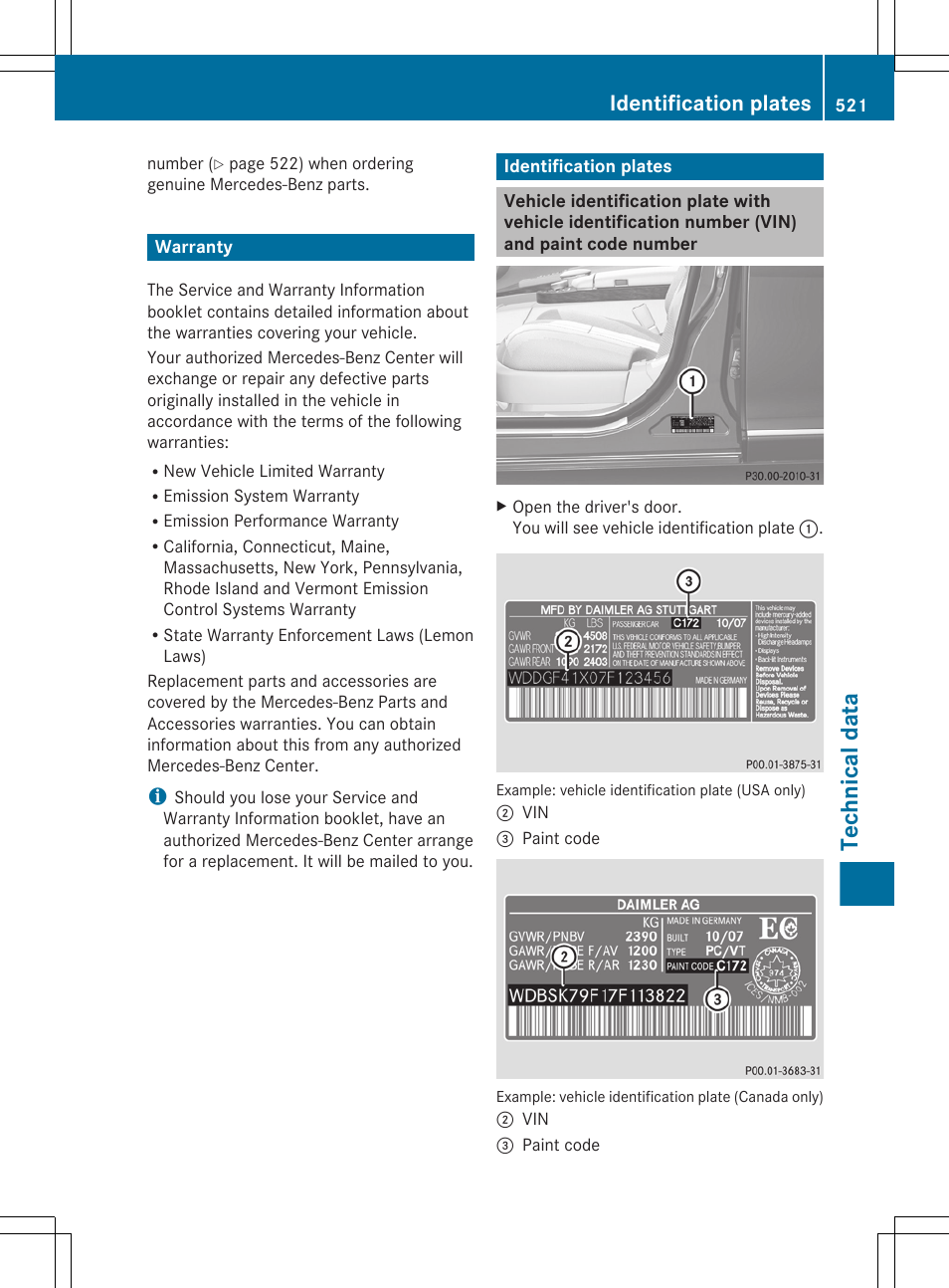 Warranty, Identification plates, Number (vin) | Technical data | Mercedes-Benz S-Class 2012 User Manual | Page 523 / 536