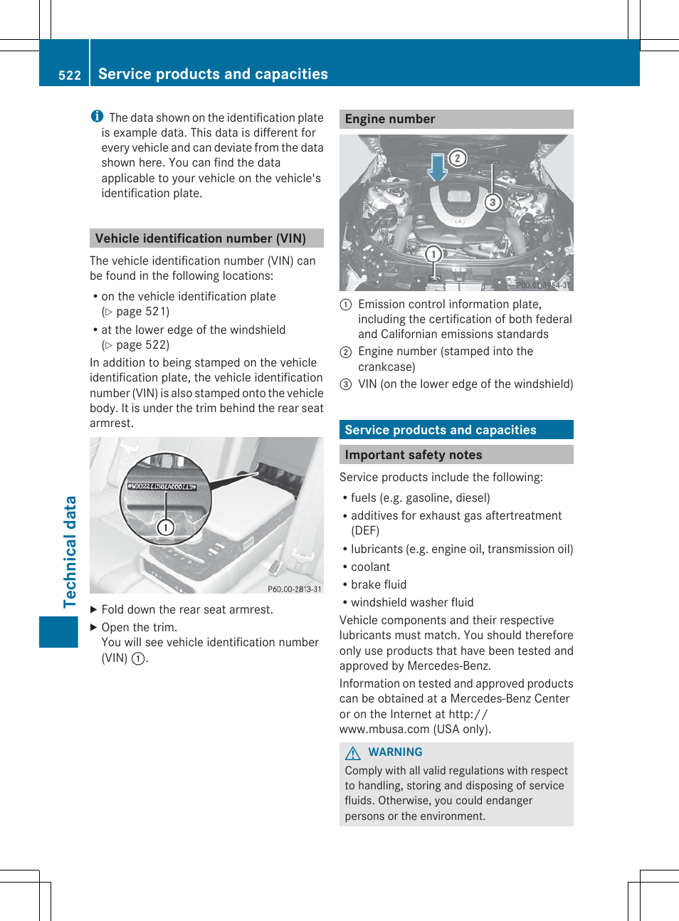 Vehicle identification number (vin), Engine number, Service products and capacities | Important safety notes, Technical data | Mercedes-Benz S-Class 2012 User Manual | Page 524 / 536