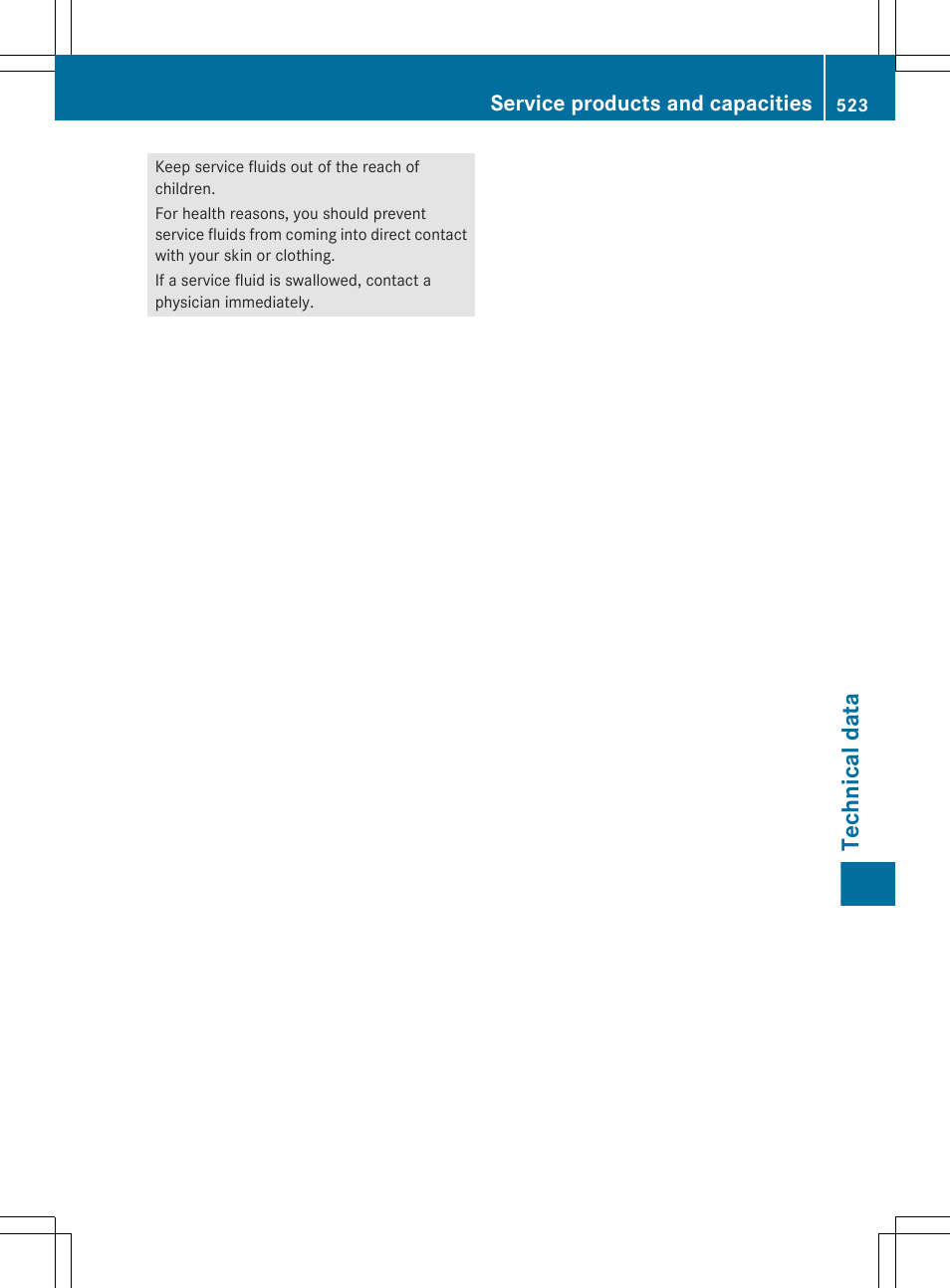Technical data, Service products and capacities | Mercedes-Benz S-Class 2012 User Manual | Page 525 / 536