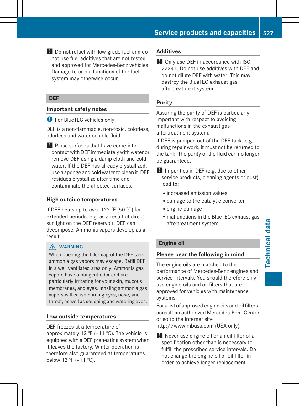 Engine oil, Technical data, Service products and capacities | Mercedes-Benz S-Class 2012 User Manual | Page 529 / 536