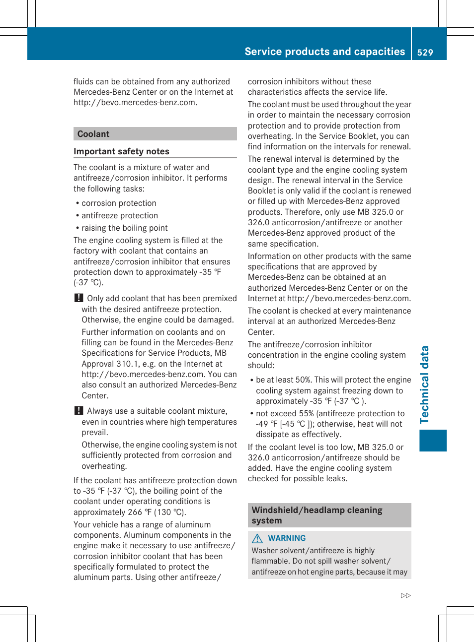 Coolant, Windshield/headlamp cleaning system, The mixing ratio | Technical data, Service products and capacities | Mercedes-Benz S-Class 2012 User Manual | Page 531 / 536