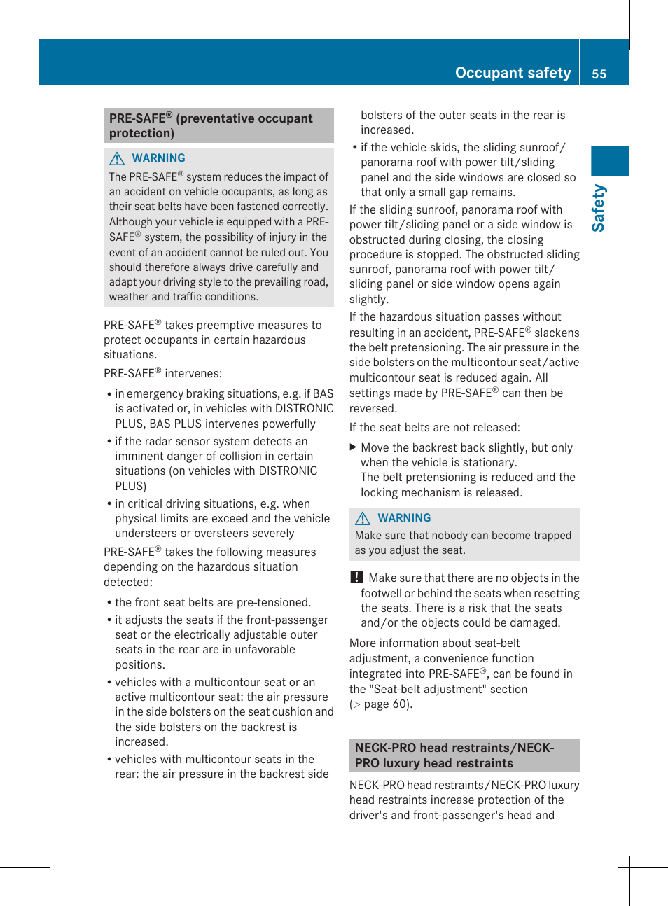 Pre-safe® (preventative occupant protection), Safety, Occupant safety | Mercedes-Benz S-Class 2012 User Manual | Page 57 / 536