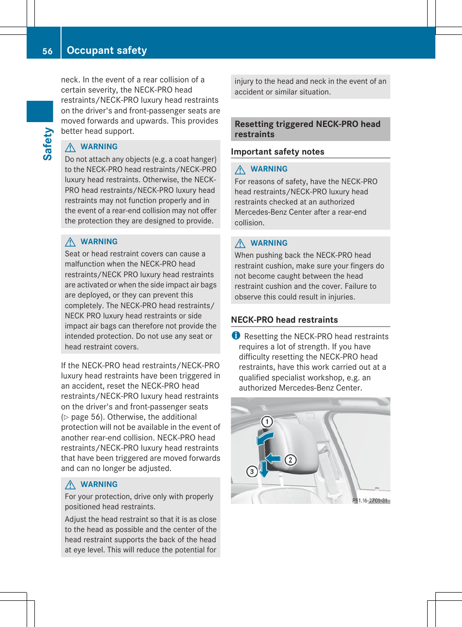 Resetting triggered neck-pro head restraints, Safety, Occupant safety | Mercedes-Benz S-Class 2012 User Manual | Page 58 / 536