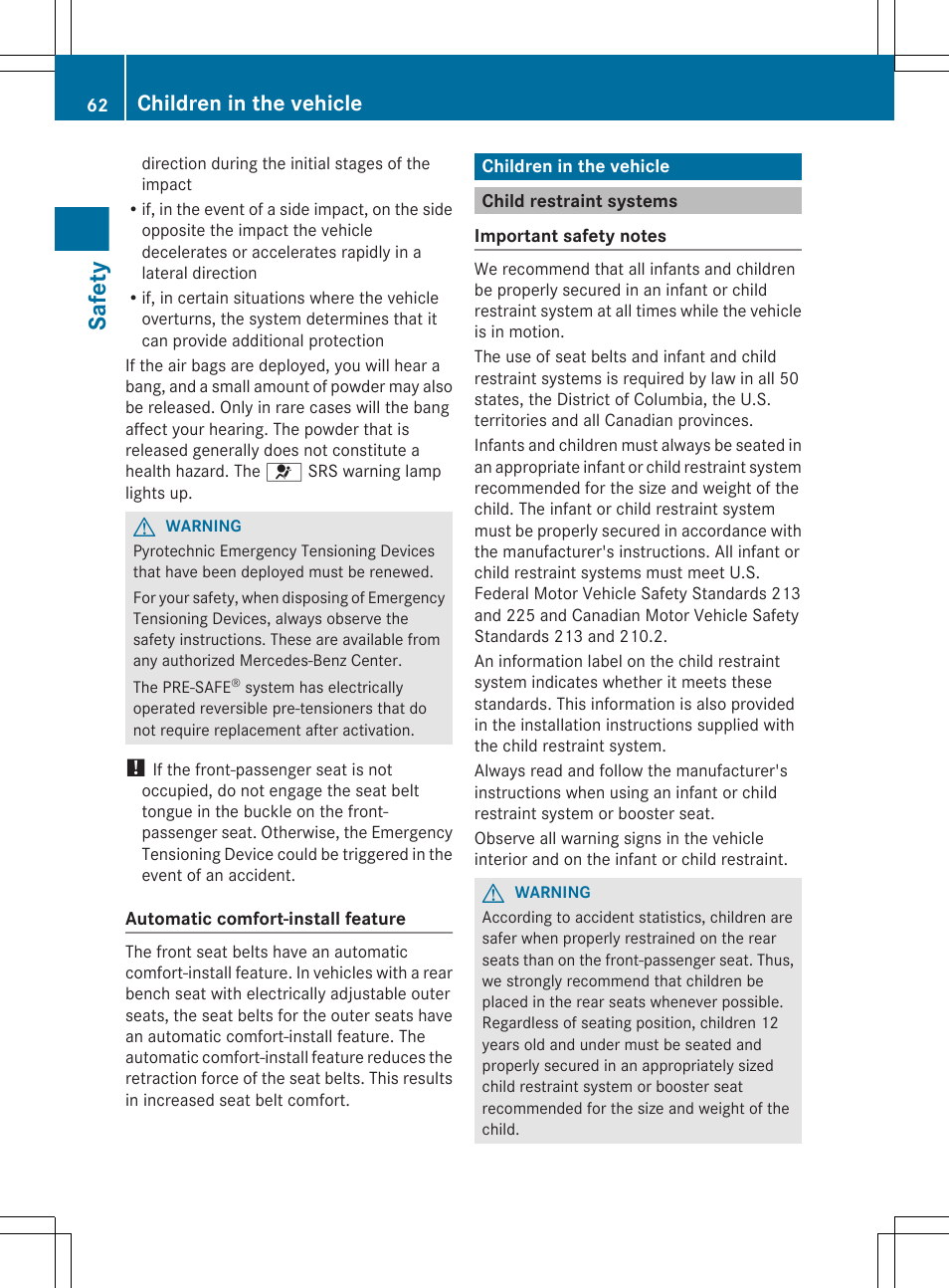 Children in the vehicle, Child restraint systems, Safety | Mercedes-Benz S-Class 2012 User Manual | Page 64 / 536