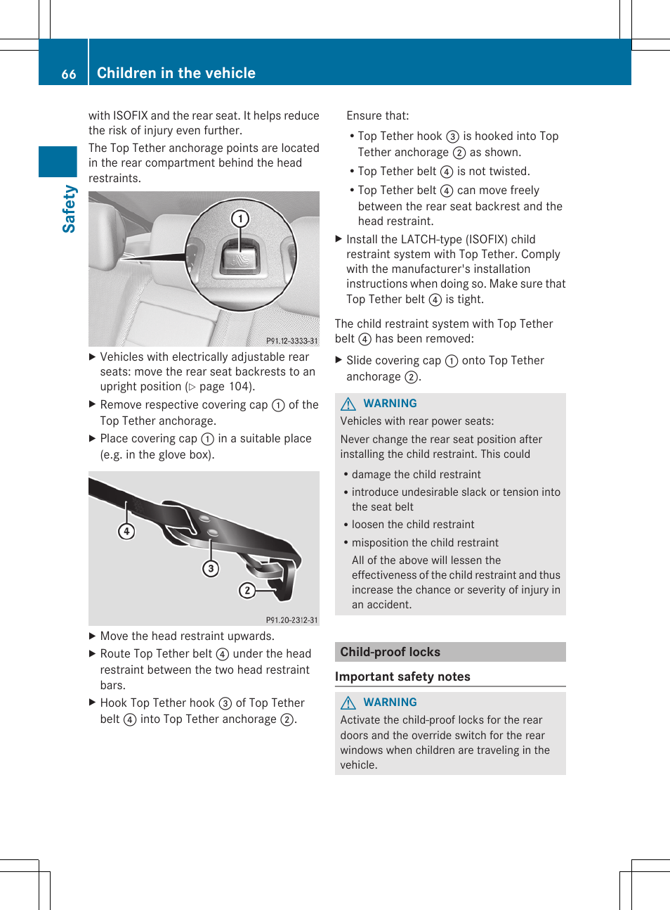 Child-proof locks, Safety, Children in the vehicle | Mercedes-Benz S-Class 2012 User Manual | Page 68 / 536