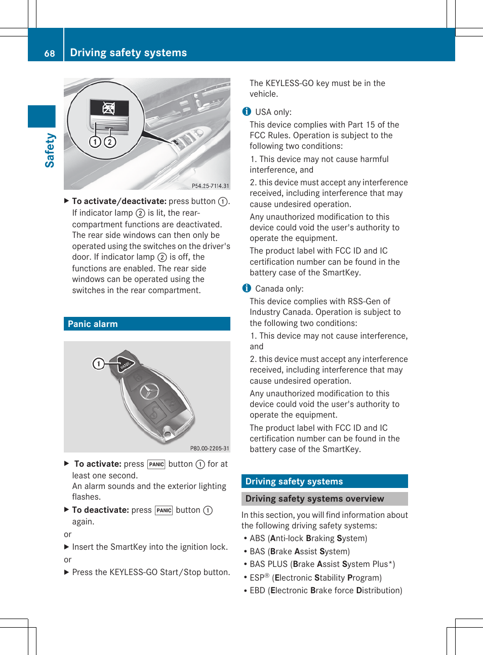 Panic alarm, Driving safety systems, Driving safety systems overview | Safety | Mercedes-Benz S-Class 2012 User Manual | Page 70 / 536