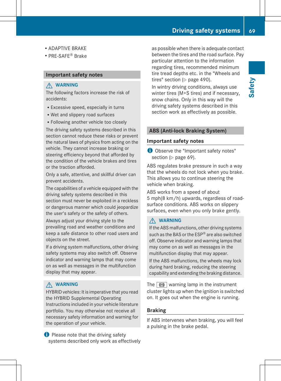 Important safety notes, Abs (anti-lock braking system), Safety | Driving safety systems | Mercedes-Benz S-Class 2012 User Manual | Page 71 / 536