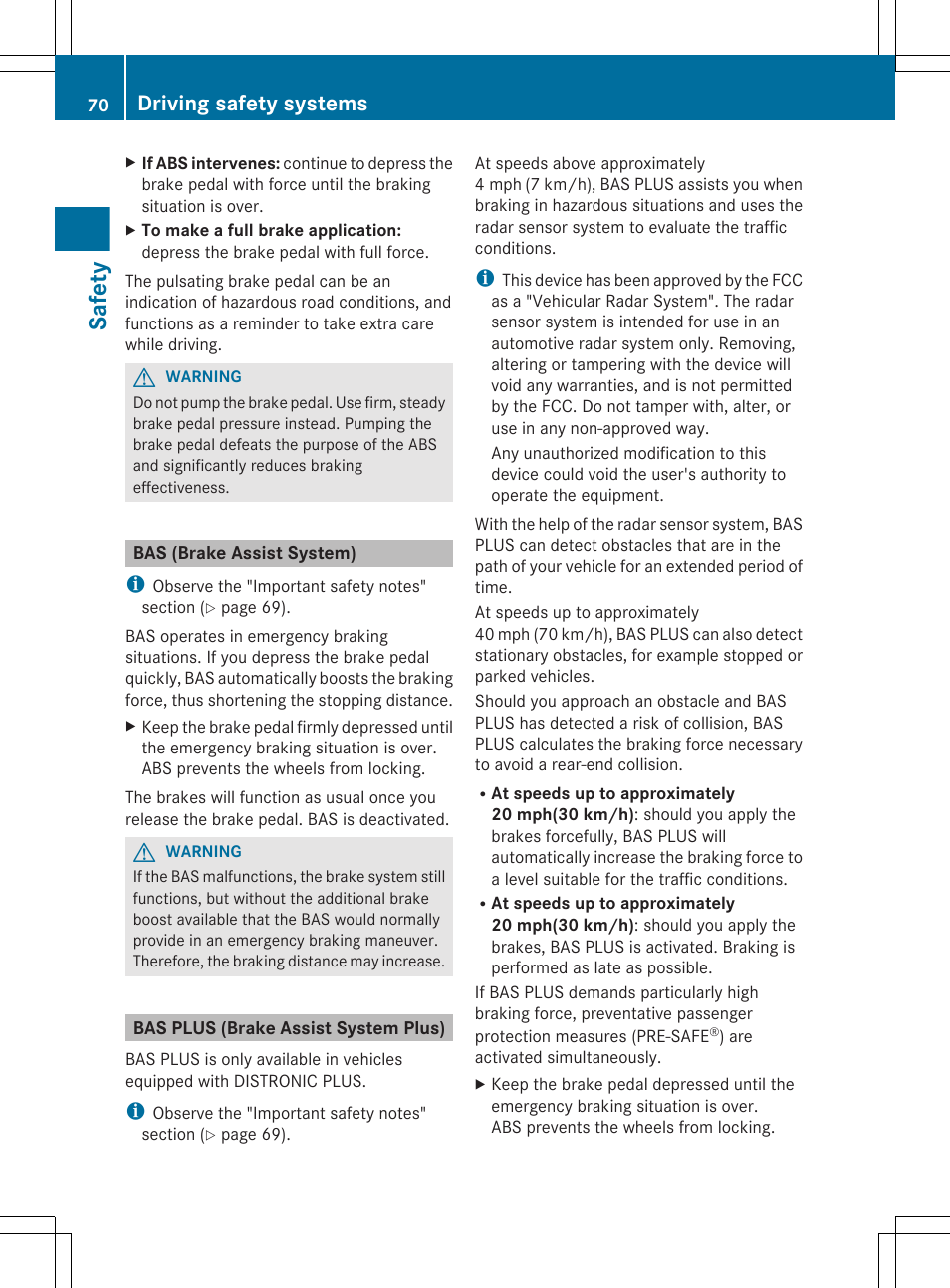 Bas (brake assist system), Bas plus (brake assist system plus), Safety | Driving safety systems | Mercedes-Benz S-Class 2012 User Manual | Page 72 / 536