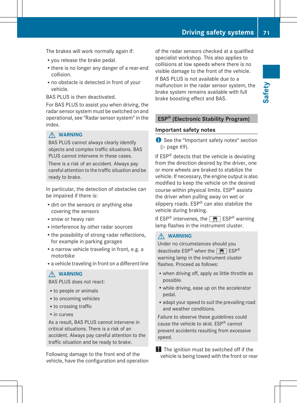 Esp® (electronic stability program), Safety, Driving safety systems | Mercedes-Benz S-Class 2012 User Manual | Page 73 / 536