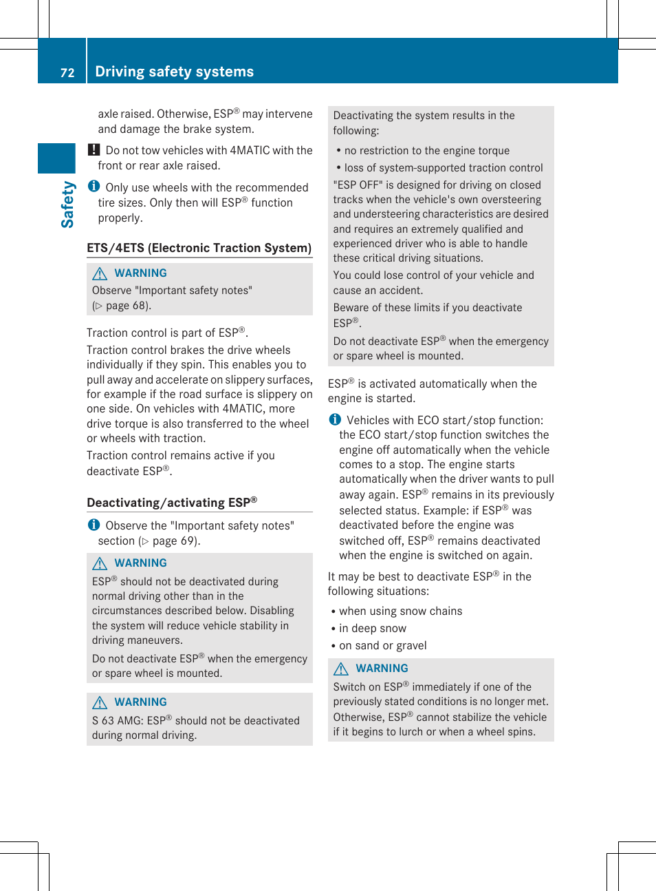 Safety, Driving safety systems | Mercedes-Benz S-Class 2012 User Manual | Page 74 / 536