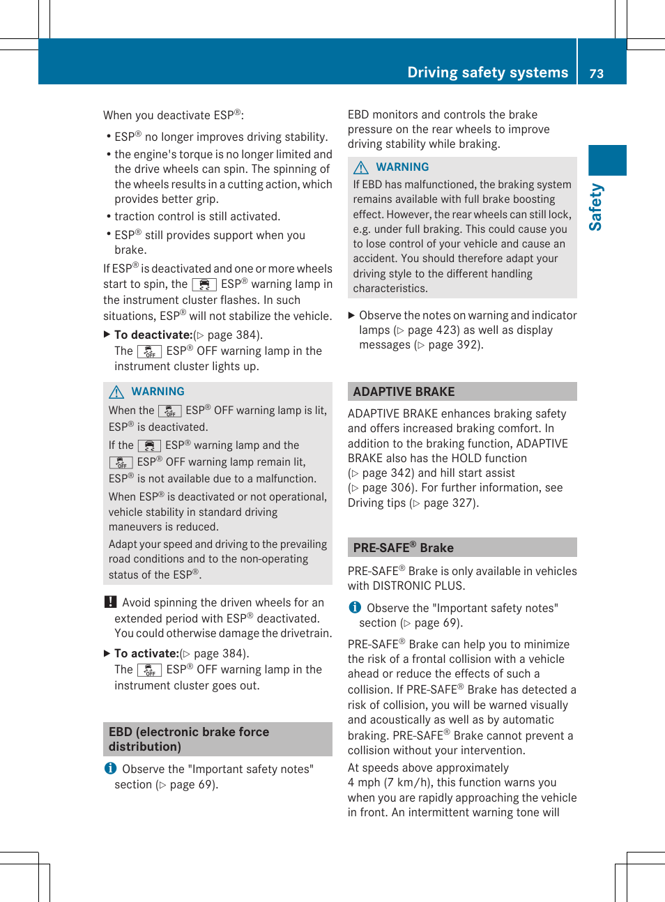 Ebd (electronic brake force distribution), Adaptive brake, Pre-safe® brake | Safety, Driving safety systems | Mercedes-Benz S-Class 2012 User Manual | Page 75 / 536