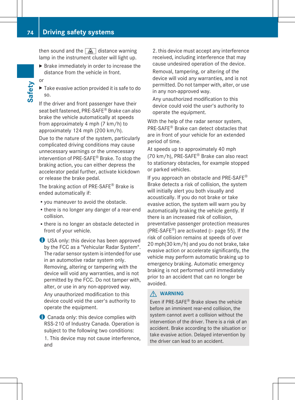 Safety, Driving safety systems | Mercedes-Benz S-Class 2012 User Manual | Page 76 / 536