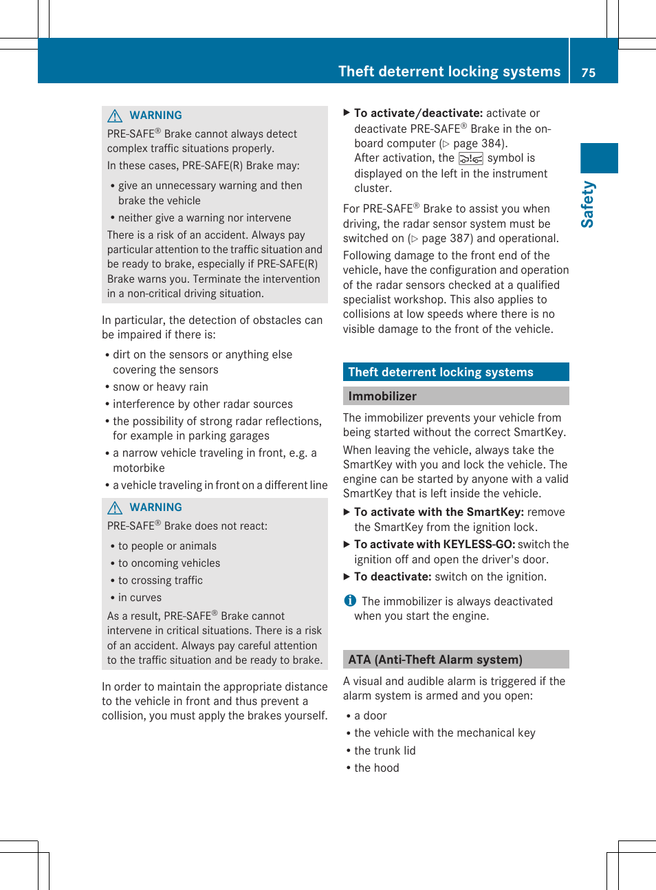 Theft deterrent locking systems, Immobilizer, Ata (anti-theft alarm system) | Safety | Mercedes-Benz S-Class 2012 User Manual | Page 77 / 536