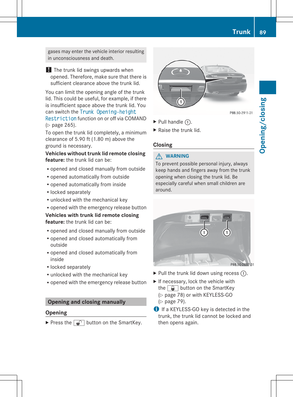 Opening and closing manually, Opening/closing, Trunk | Mercedes-Benz S-Class 2012 User Manual | Page 91 / 536