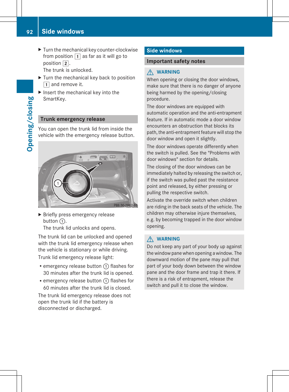 Trunk emergency release, Side windows, Important safety notes | Opening/closing | Mercedes-Benz S-Class 2012 User Manual | Page 94 / 536