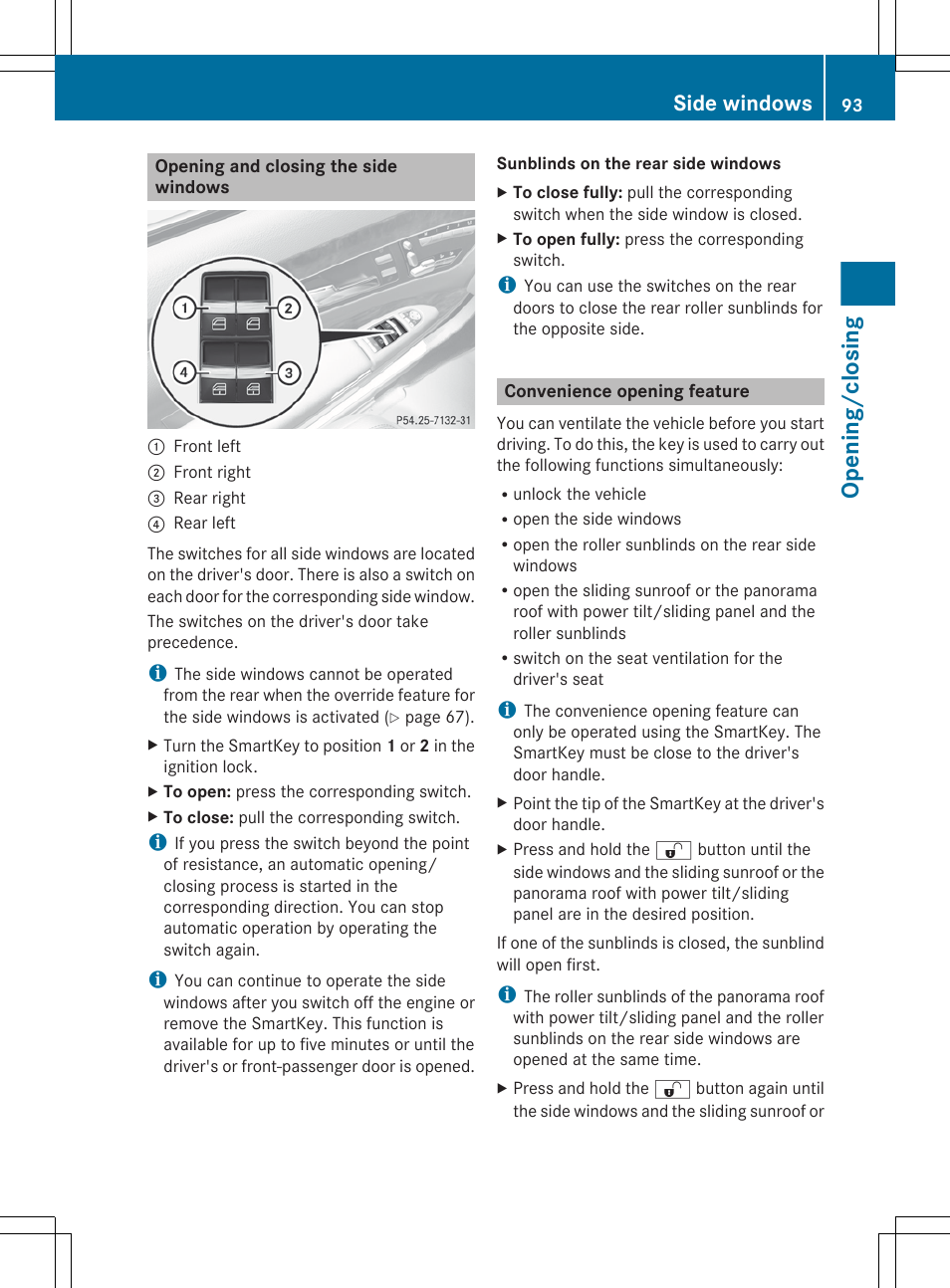 Opening and closing the side windows, Convenience opening feature, Opening/closing | Side windows | Mercedes-Benz S-Class 2012 User Manual | Page 95 / 536