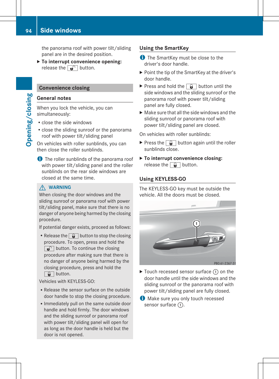 Convenience closing, Extended period, Opening/closing | Side windows | Mercedes-Benz S-Class 2012 User Manual | Page 96 / 536