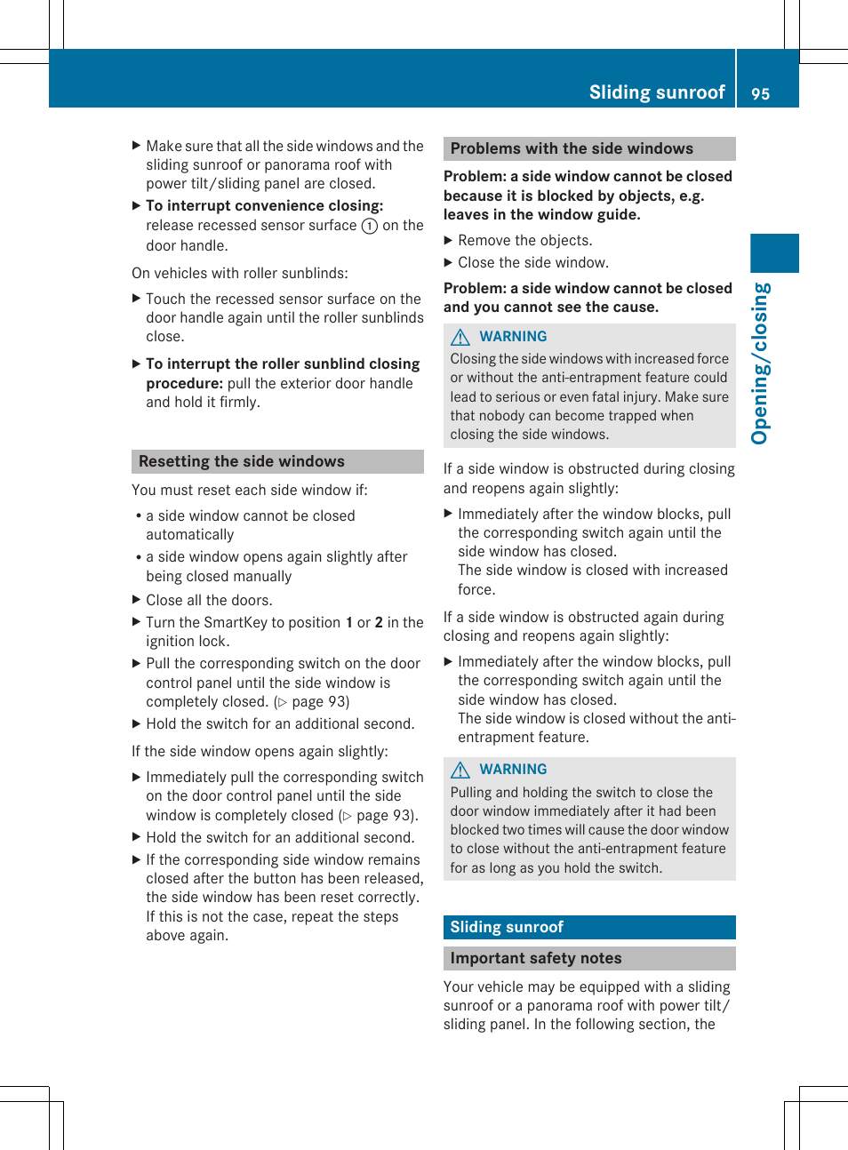 Resetting the side windows, Problems with the side windows, Sliding sunroof | Important safety notes, Opening/closing | Mercedes-Benz S-Class 2012 User Manual | Page 97 / 536
