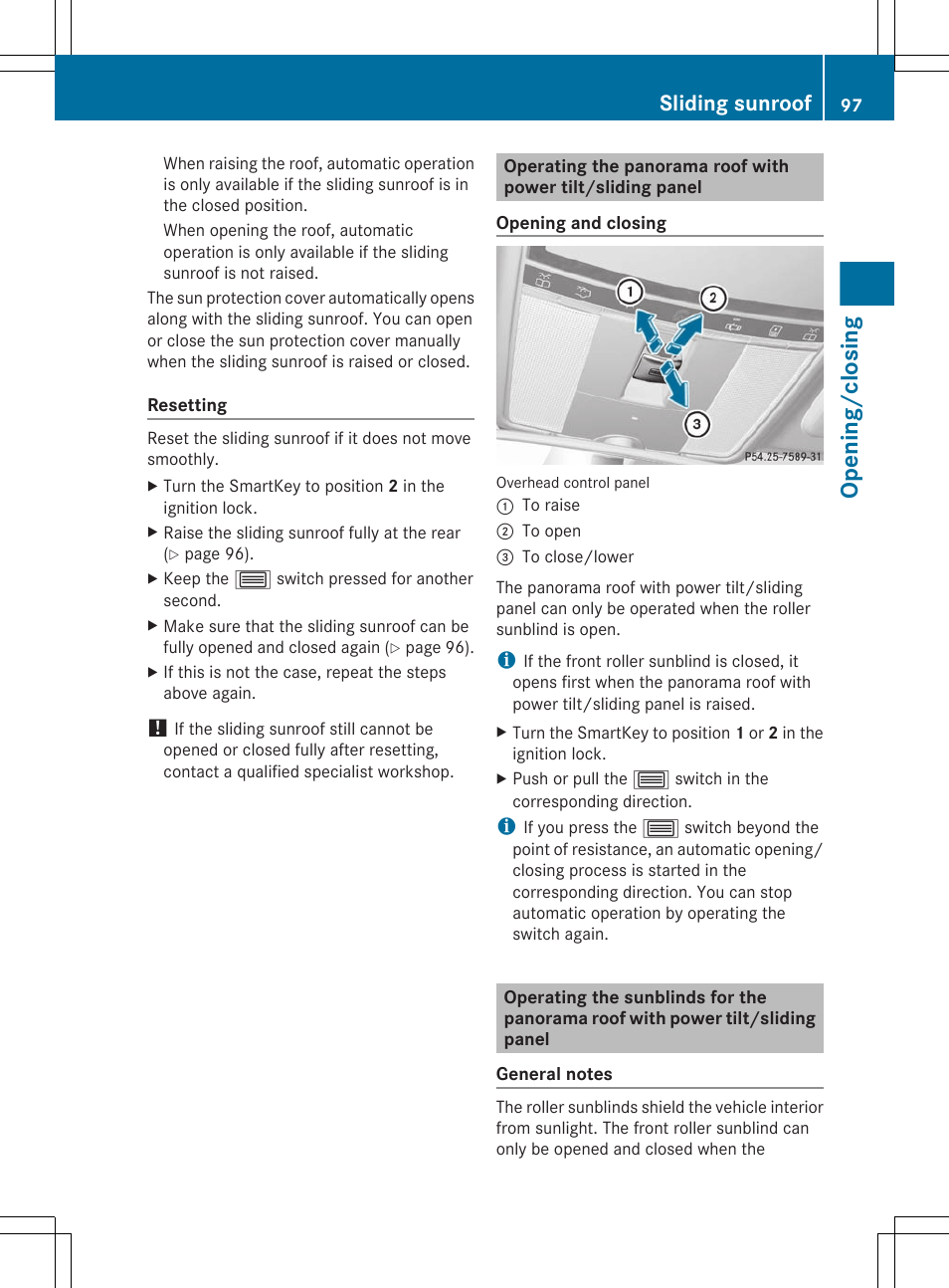 Opening/closing, Sliding sunroof | Mercedes-Benz S-Class 2012 User Manual | Page 99 / 536