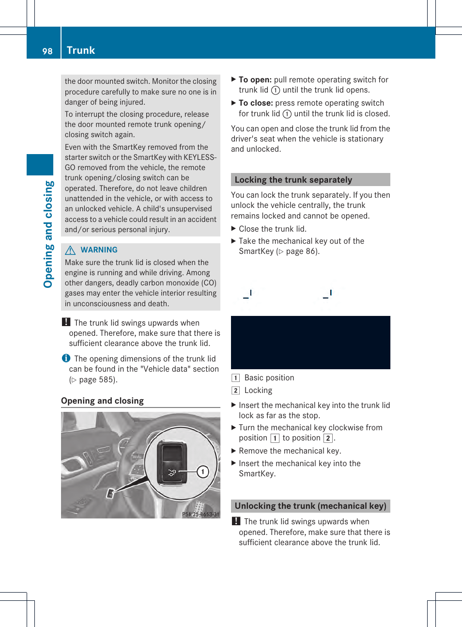 Opening and closing, Trunk | Mercedes-Benz SL-Class 2013 Owners Manual User Manual | Page 100 / 590